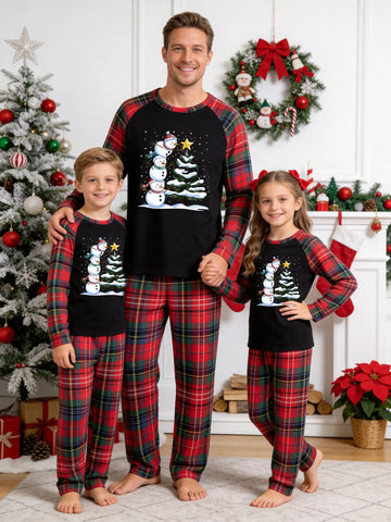 Christmas Long Sleeve Family Matching Pajamas Set With Three Stacking Cute Snowmen and Star Christmas Tree Graphic Print Red Plaid Matching Set