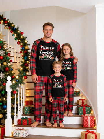 Christmas Long Sleeve Family Matching Pajamas Set With 'FAMILY Christmas 2026' Cute Snowman and Gift Box Print Red Plaid Matching Set