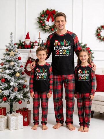 Christmas Long Sleeve Family Matching Pajamas Set With 'FAMILY Christmas 2026' Santa Belt and Festive Stripes Print Red Plaid Matching Pajamas