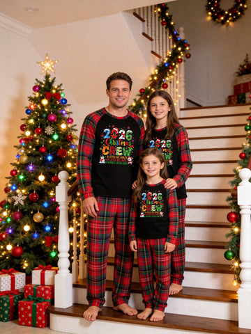 Christmas Long Sleeve Family Matching Pajamas Set With '2026 Christmas CREW A LITTLE BIT CRAZY A LITTLE BIT LOUD' Graphic Print Red Plaid Set