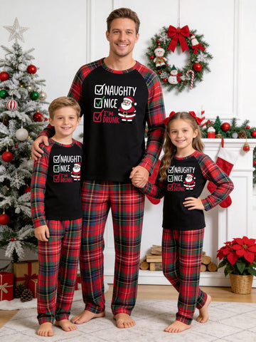 Christmas Long Sleeve Family Matching Pajamas Set With 'NAUGHTY NICE I'M DRUNK' Checkbox and Funny Santa Claus Graphic Print Red Plaid Set