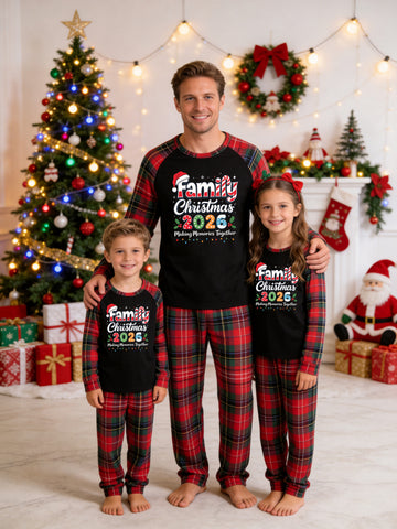 Christmas Long Sleeve Family Matching Pajamas Set With 'Family Christmas 2026' Candy Cane and Santa Hat Print Red Plaid Matching Pajamas