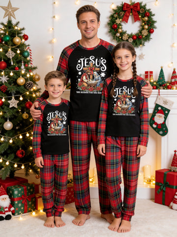 Christmas Long Sleeve Family Matching Pajamas Set With 'JESUS THE REASON FOR THE SEASON' Holy Nativity Scene and Cross Religious Print Red Plaid Set