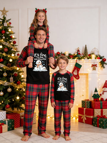 Christmas Long Sleeve Family Matching Pajamas Set With 'it's fine, i'm fine, everything is fine' Funny Melting Snowman Print Red Plaid Set