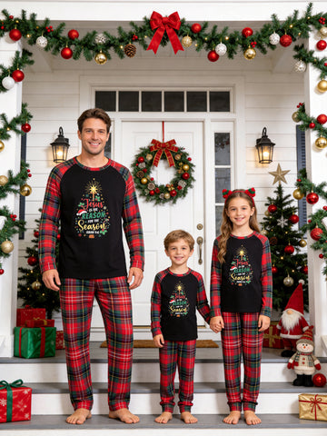 Christmas Long Sleeve Family Matching Pajamas Set With 'Jesus IS THE REASON FOR THE Season ISAIAH 9:6' Christmas Tree Shape Print Red Plaid Set