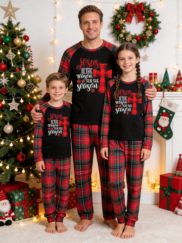 Christmas Long Sleeve Family Matching Pajamas Set With 'jesus IS THE reason FOR THE season' Red Check Cross Religious Print Red Plaid Set