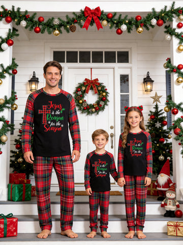 Christmas Long Sleeve Family Matching Pajamas Set With 'Jesus is the Reason for the Season' Typographic Cross Print Red Plaid Set