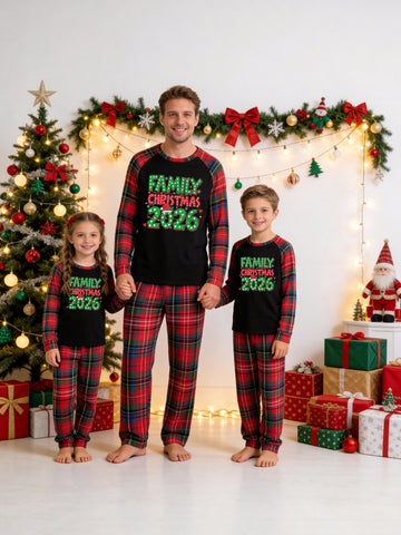 Christmas Long Sleeve Family Matching Pajamas Set With 'FAMILY CHRISTMAS 2026' Green Polka Dot Santa Hat Print Red Plaid Set