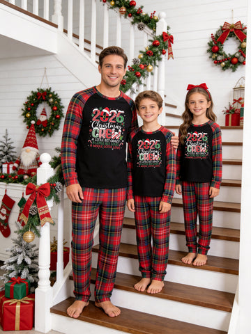 Christmas Long Sleeve Family Matching Pajamas Set With '2026 Christmas CREW A LITTLE BIT CRAZY A LITTLE BIT LOUD' Festive Print Red Plaid Set