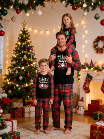 Christmas Long Sleeve Family Matching Pajamas Set With 'FAMILY Christmas 2026' Santa Claus Face Candy Cane Print Red Plaid Matching Set