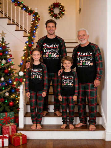 Christmas Family Long Sleeve Green Red Plaid Pajamas Black Ground with 'FAMILY Christmas 2026' Cute Snowmen and Gift Boxes Graphic Print