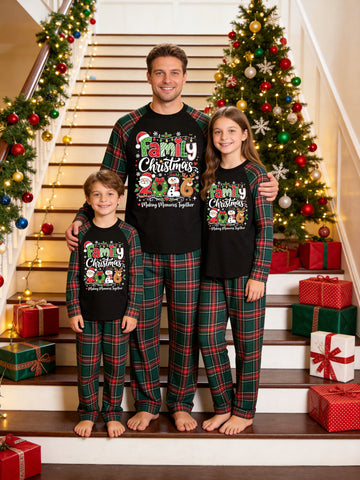 Christmas Family Long Sleeve Green Red Plaid Pajamas Black Ground with 'FAMILY Christmas 2026' Santa Claus Snowman and Reindeer Print