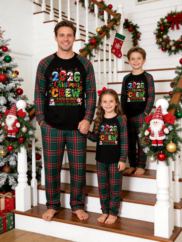 Christmas Family Long Sleeve Green Red Plaid Pajamas Black Ground with '2026 Christmas CREW A Little Bit Crazy A Little Bit Loud' Festive Graphic Print