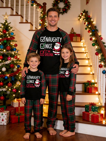 Christmas Family Long Sleeve Green Red Plaid Pajamas Black Ground with 'NAUGHTY NICE I'M DRUNK' Checkbox and Santa Claus Funny Graphic Print