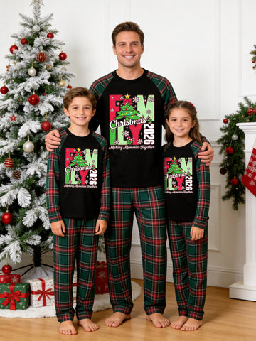 Christmas Family Long Sleeve Green Red Plaid Pajamas Black Ground with 'FAMILY Christmas 2026' Decorated Tree and Starry Holiday Print