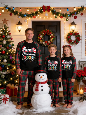 Christmas Family Long Sleeve Green Red Plaid Pajamas Black Ground with 'Family Christmas 2026' Candy Cane and Santa Hat Print