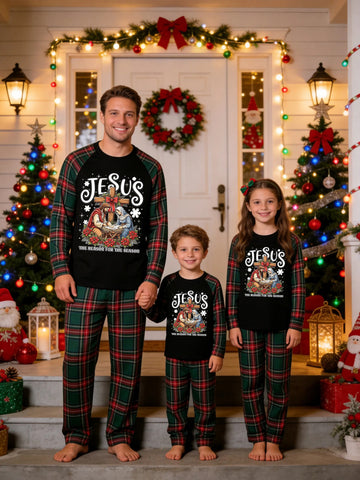 Christmas Family Long Sleeve Green Red Plaid Pajamas Black Ground with 'JESUS THE REASON FOR THE SEASON' Holy Nativity Scene and Cross Print