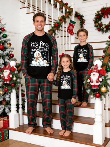 Christmas Family Long Sleeve Green Red Plaid Pajamas Black Ground with 'It's Fine I'm Fine' Funny Melting Snowman Graphic Print