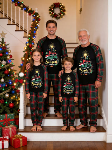 Christmas Family Long Sleeve Green Red Plaid Pajamas Black Ground with 'Jesus Is The Reason For The Season ISAIAH 9:6' Christmas Tree Shape Graphic Print