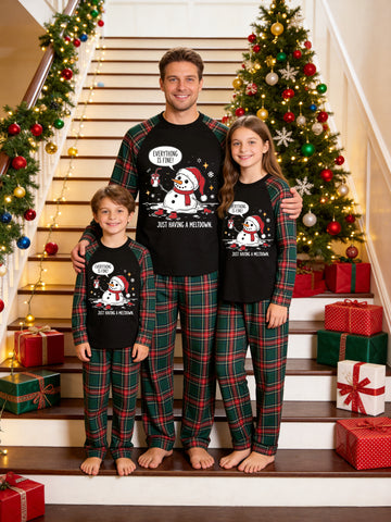Christmas Family Long Sleeve Green Red Plaid Pajamas Black Ground with 'Everything Is Fine Just Having A Meltdown' Drinking Coffee Melting Snowman Print