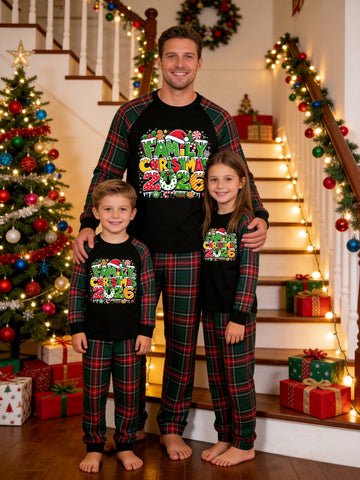 Christmas Family Long Sleeve Green Red Plaid Pajamas Black Ground with 'FAMILY CHRISTMAS 2026' Festive Colorful Typographic Print