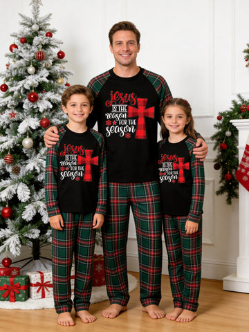Christmas Family Long Sleeve Green Red Plaid Pajamas Black Ground with 'Jesus Is The Reason For The Season' Buffalo Check Cross Religious Graphic Print