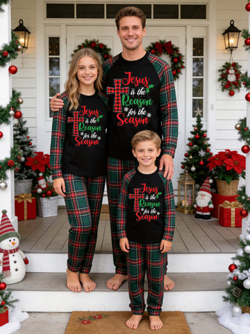 Christmas Family Long Sleeve Green Red Plaid Pajamas Black Ground with 'Jesus Is The Reason For The Season'Typographic Cross Print