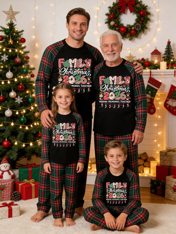 Christmas Family Long Sleeve Green Red Plaid Pajamas Black Ground with 'FAMILY Christmas 2026 Making Memories Together' Stockings and Lights Print