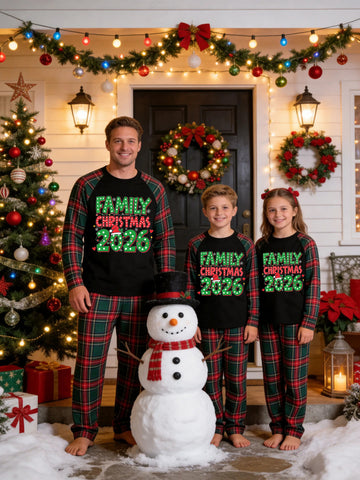 Christmas Family Long Sleeve Green Red Plaid Pajamas Black Ground with 'FAMILY CHRISTMAS 2026' Green Polka Dot Santa Hat Print