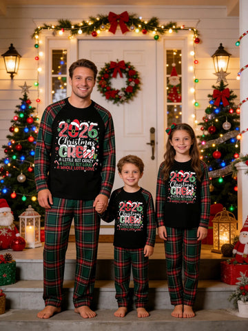 Christmas Family Long Sleeve Green Red Plaid Pajamas Black Ground with '2026 Christmas CREW A Little Bit Crazy A Whole Lotta Love' Typographic Print