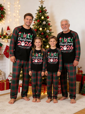 Christmas Family Long Sleeve Green Red Plaid Pajamas Black Ground with 'FAMILY Christmas 2026' Santa Claus Face and Candy Cane Print