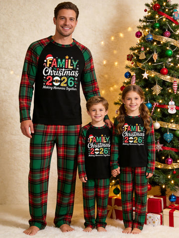 Christmas Family Long Sleeve Plaid Pajamas Black Ground with 'FAMILY Christmas 2026' Santa Belt and Snowflakes Print Red Green Red and Green Plaid Matching Pajamas