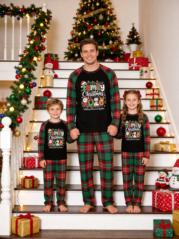 Christmas Family Long Sleeve Plaid Pajamas Black Ground with 'FAMILY Christmas 2026' Santa Claus Snowman and Reindeer Print Red and Green Plaid PJS Set