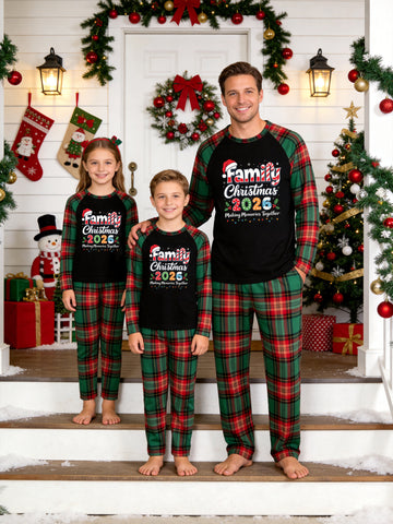 Christmas Family Long Sleeve Plaid Pajamas Black Ground with 'Family Christmas 2026' Candy Cane and Santa Hat Print Red and Green Plaid Matching Pajamas