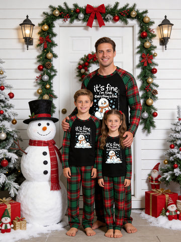 Christmas Family Pajamas Black Ground with 'It's Fine I'm Fine' Funny Melting Snowman Graphic Print and Red Green Red and Green Plaid Matching Pajamas Set