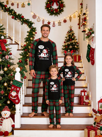 Christmas Family Pajamas Black Ground with 'Everything Is Fine Just Having A Meltdown' Drinking Coffee Melting Snowman Print Red and Green Plaid Pajamas Set