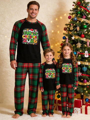 Christmas Family Long Sleeve Plaid Pajamas Black Ground with 'FAMILY CHRISTMAS 2026' Festive Colorful Typographic Print and Red and Green Plaid Matching Pajamas