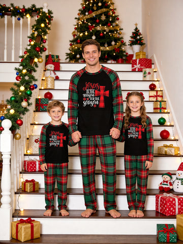 Christmas Family Long Sleeve Plaid Pajamas Black Ground with 'Jesus Is The Reason For The Season' Buffalo Check Cross Religious Graphic Print Red and Green Plaid PJS Set