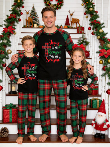 Christmas Family Long Sleeve Plaid Pajamas Black Ground with 'Jesus Is The Reason For The Season' Red Green Typographic Cross Print Red and Green Plaid PJS Set