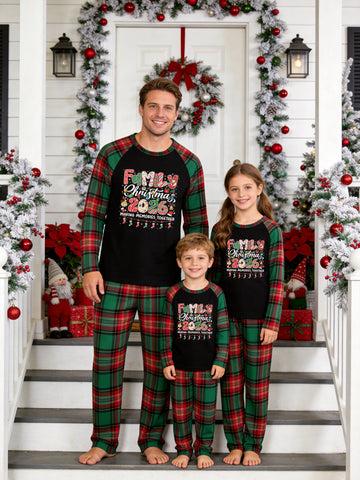 Christmas Family Long Sleeve Plaid Pajamas Black Ground with 'FAMILY Christmas 2026 Making Memories Together' Stockings and Lights Print Red and Green Plaid PJS Set