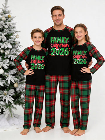 Christmas Family Long Sleeve Plaid Pajamas Black Ground with 'FAMILY CHRISTMAS 2026' Green Polka Dot Santa Hat Print Red and Green Plaid Matching Pajamas