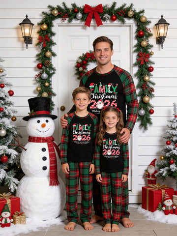 Christmas Family Long Sleeve Plaid Pajamas Black Ground with 'FAMILY Christmas 2026' Santa Claus Face and Candy Cane Print Red and Green Plaid Pajamas