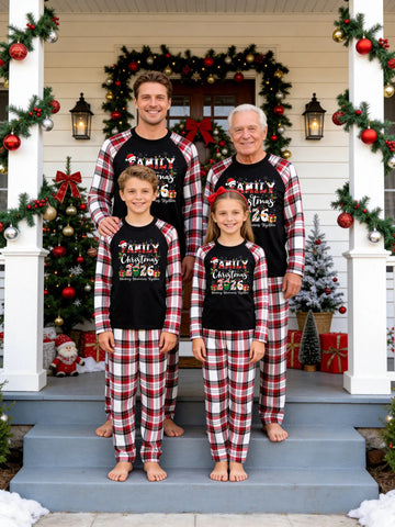 Christmas Family Red White Plaid Pajamas Set Black Ground with 'FAMILY Christmas 2026' Cute Snowman and Gift Boxes Print