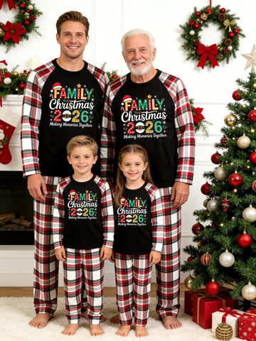 Christmas Family Red White Plaid Pajamas Set Black Ground with 'FAMILY Christmas 2026' Santa Belt and Festive Stripes Print Red White Tartan Plaid Outfit