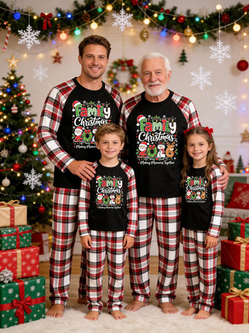 Christmas Family Red White Plaid Pajamas Set Black Ground with 'FAMILY Christmas 2026' Santa Claus Snowman and Reindeer Trio Print Red White Tartan Plaid Outfit