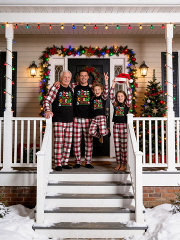 Christmas Family Red White Plaid Pajamas Set Black Ground with '2026 Christmas CREW A LITTLE BIT CRAZY A LITTLE BIT LOUD' Graphic Print