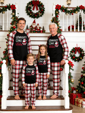 Christmas Family Red White Plaid Pajamas Set Black Ground with 'NAUGHTY NICE I'M DRUNK' Checkbox and Funny Santa Claus Graphic Print
