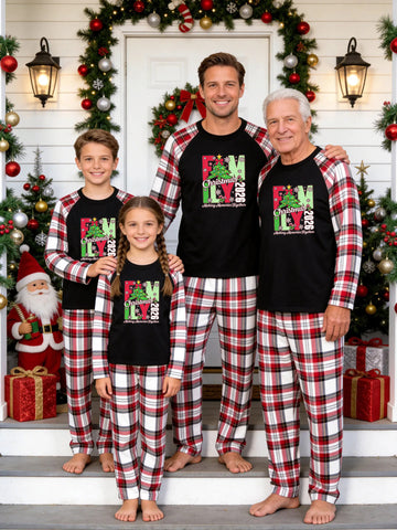Christmas Family Red White Plaid Pajamas Set Black Ground with 'FAMILY Christmas 2026' Decorated Tree and Snowflake Lettering Print