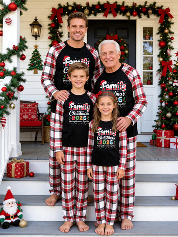 Christmas Family Red White Plaid Pajamas Set Black Ground with 'Family Christmas 2026' Candy Cane and Santa Hat Print