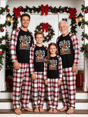 Christmas Family Red White Plaid Pajamas Set Black Ground with 'JESUS THE REASON FOR THE SEASON' Holy Nativity Scene and Cross Religious Print